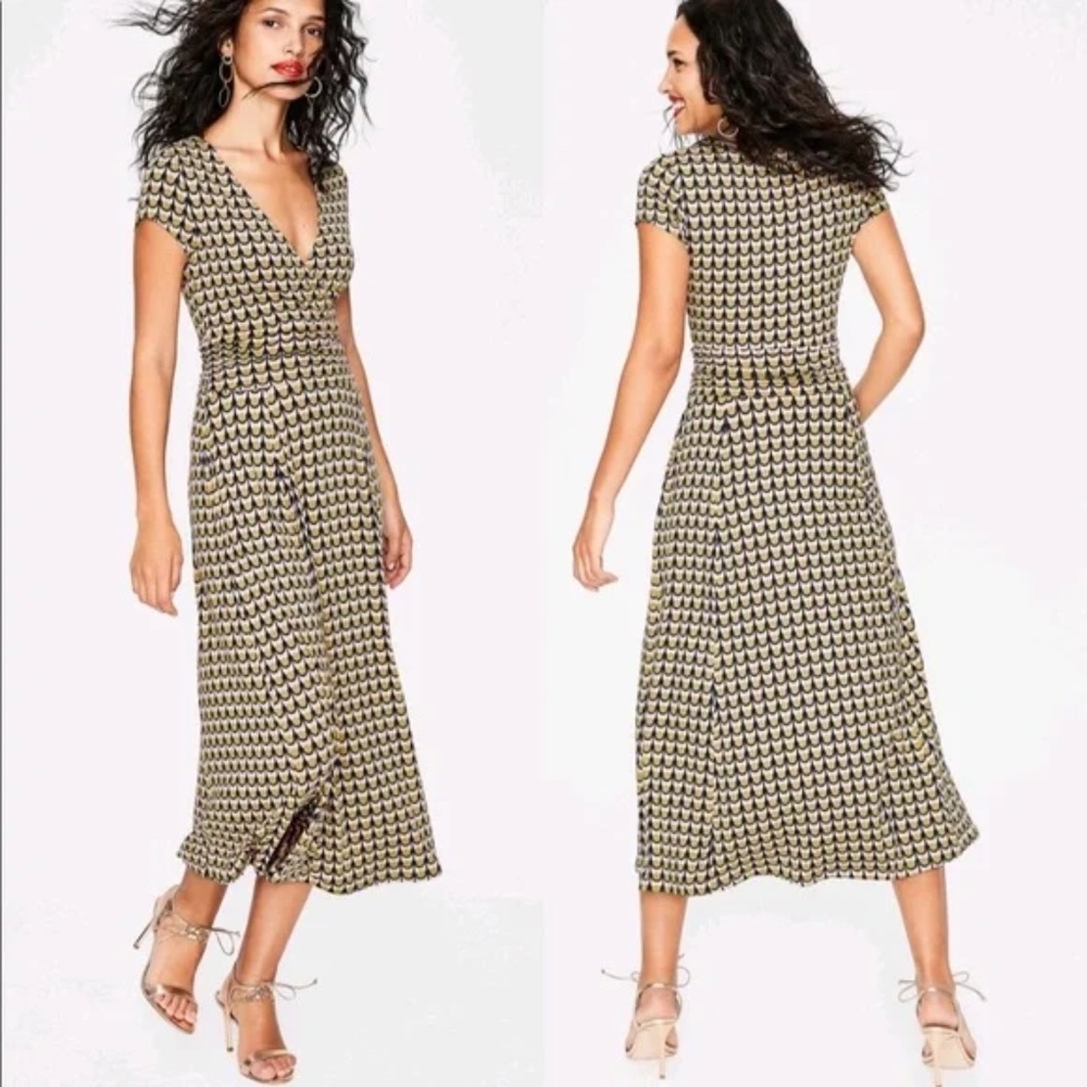 Boden Lily knit dress geometric print faux wrap short sleeves pockets V-neck
